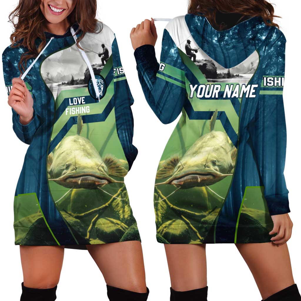 Catfish and Underwater Scene Design Hoodie Dress with Forest Background and Fishing Theme Elements - Wonder Print Shop