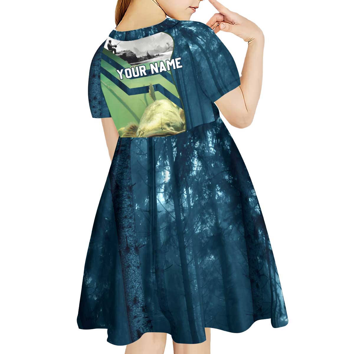 Catfish and Underwater Scene Design Kid Short Sleeve Dress with Forest Background and Fishing Theme Elements - Wonder Print Shop