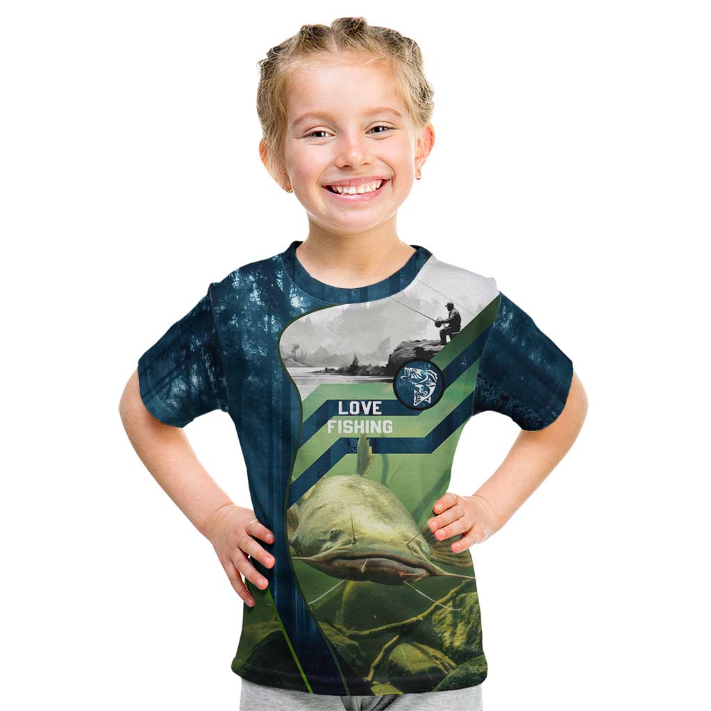 Catfish and Underwater Scene Design Kid T Shirt with Forest Background and Fishing Theme Elements - Wonder Print Shop