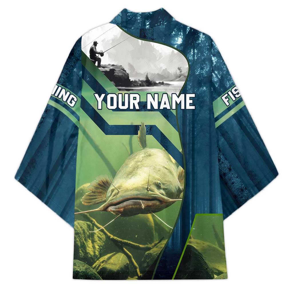 Catfish and Underwater Scene Design Kimono with Forest Background and Fishing Theme Elements - Wonder Print Shop