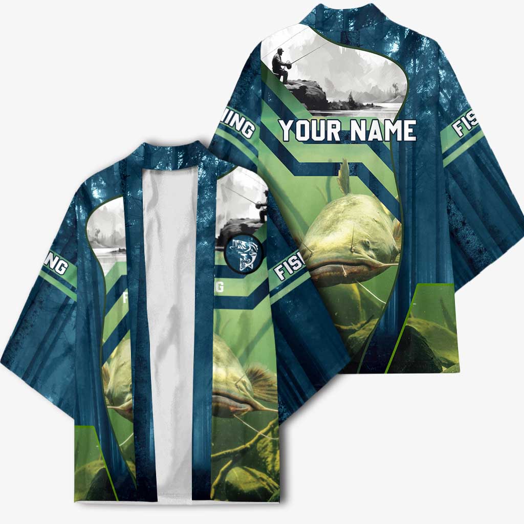 Catfish and Underwater Scene Design Kimono with Forest Background and Fishing Theme Elements - Wonder Print Shop