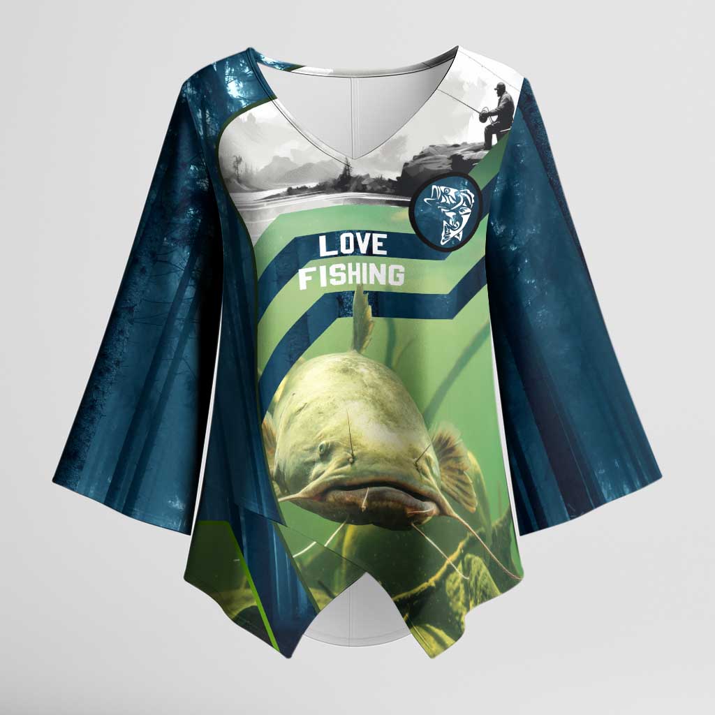 Catfish and Underwater Scene Design Kimono Sleeve Blouse with Forest Background and Fishing Theme Elements - Wonder Print Shop