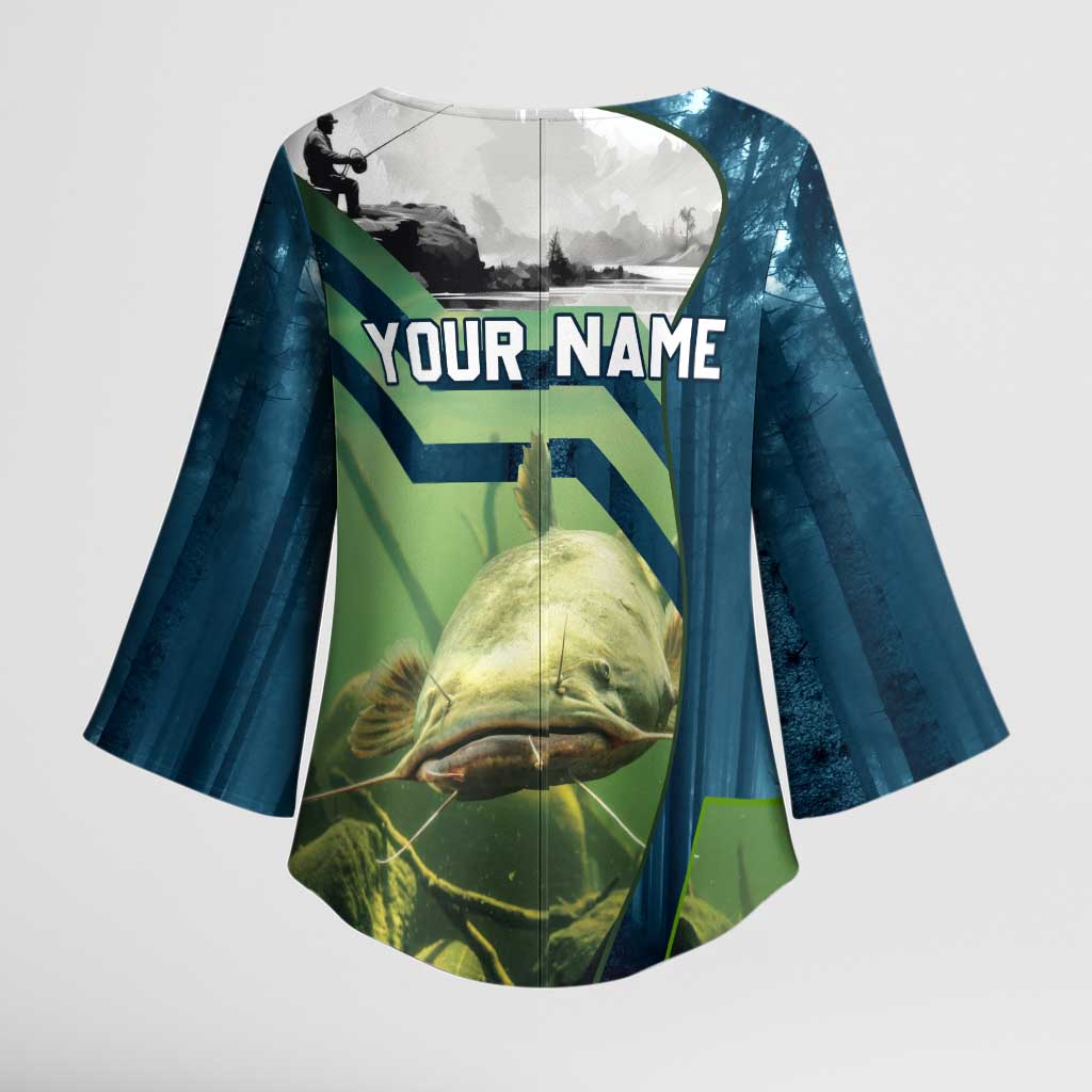 Catfish and Underwater Scene Design Kimono Sleeve Blouse with Forest Background and Fishing Theme Elements - Wonder Print Shop