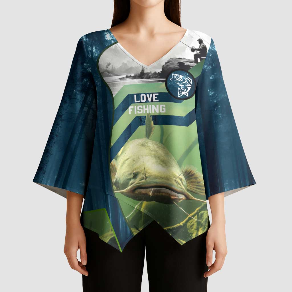 Catfish and Underwater Scene Design Kimono Sleeve Blouse with Forest Background and Fishing Theme Elements - Wonder Print Shop