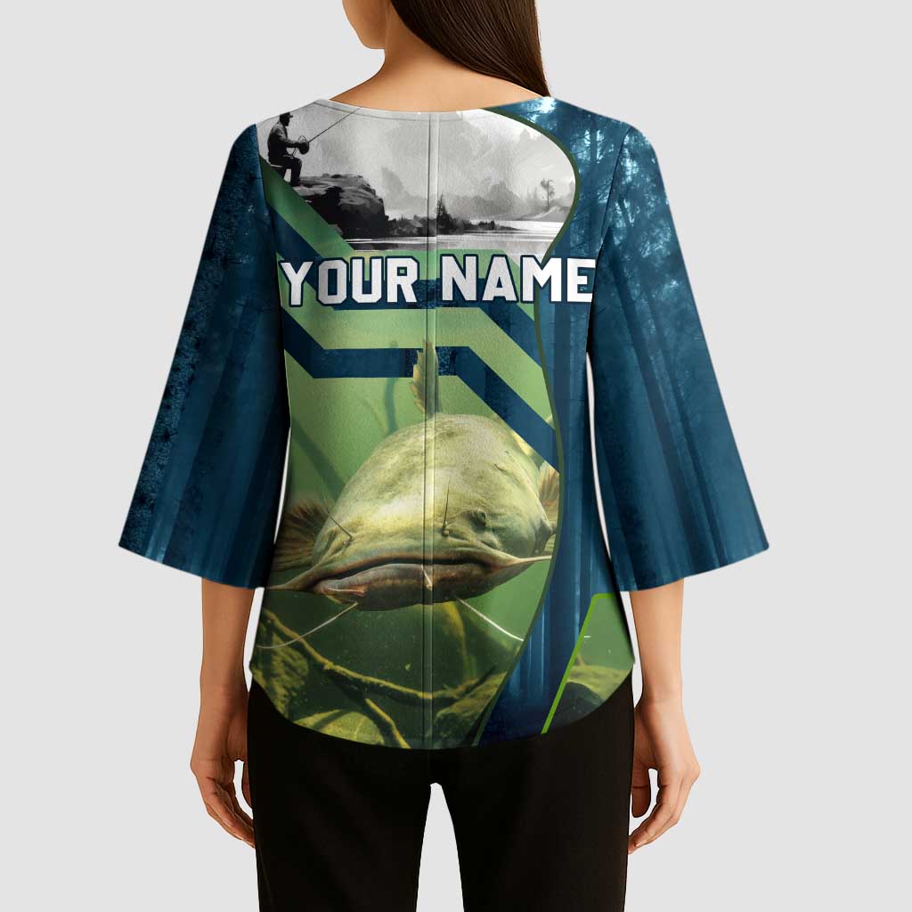 Catfish and Underwater Scene Design Kimono Sleeve Blouse with Forest Background and Fishing Theme Elements - Wonder Print Shop