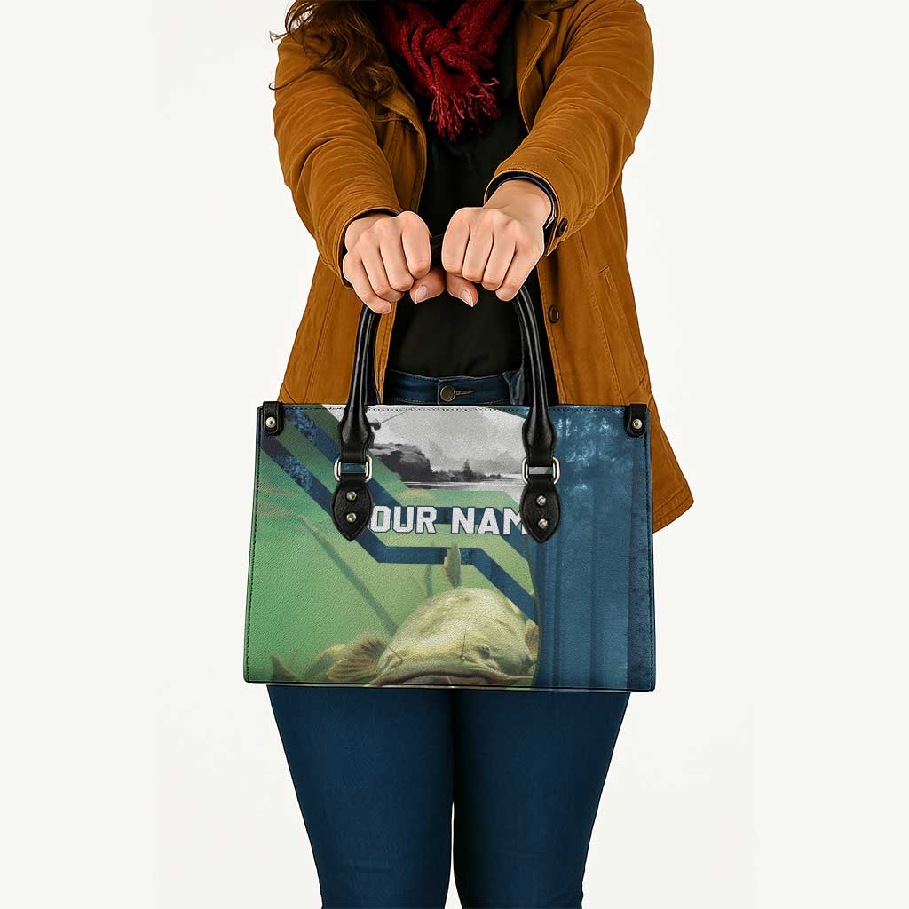 Catfish and Underwater Scene Design Leather Bag with Forest Background and Fishing Theme Elements - Wonder Print Shop