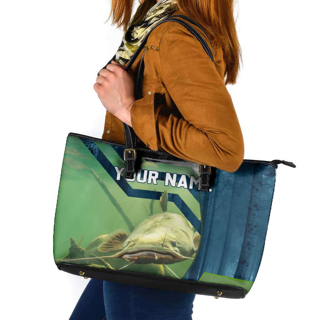 Catfish and Underwater Scene Design Leather Tote Bag with Forest Background and Fishing Theme Elements - Wonder Print Shop
