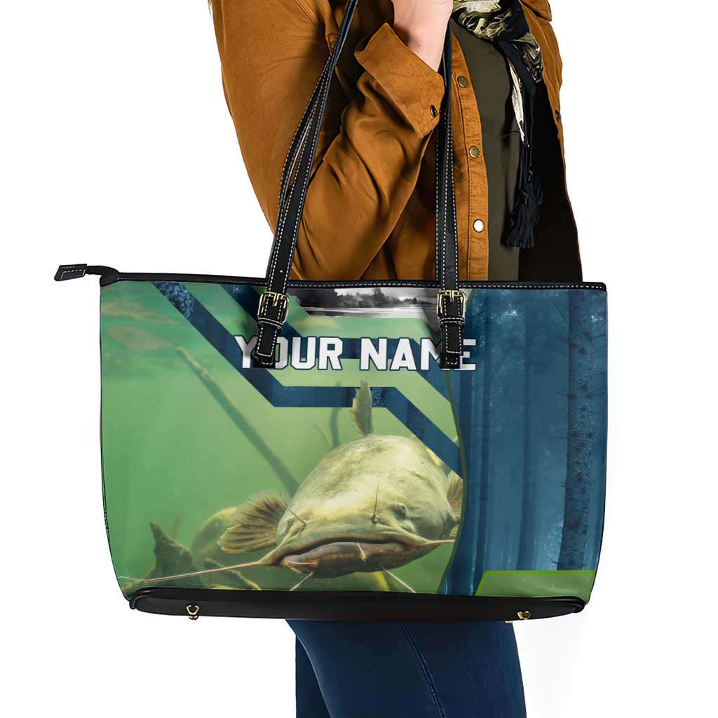 Catfish and Underwater Scene Design Leather Tote Bag with Forest Background and Fishing Theme Elements - Wonder Print Shop