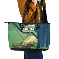 Catfish and Underwater Scene Design Leather Tote Bag with Forest Background and Fishing Theme Elements - Wonder Print Shop