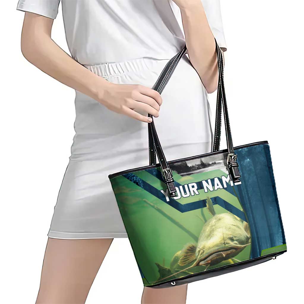 Catfish and Underwater Scene Design Leather Tote Bag with Forest Background and Fishing Theme Elements - Wonder Print Shop