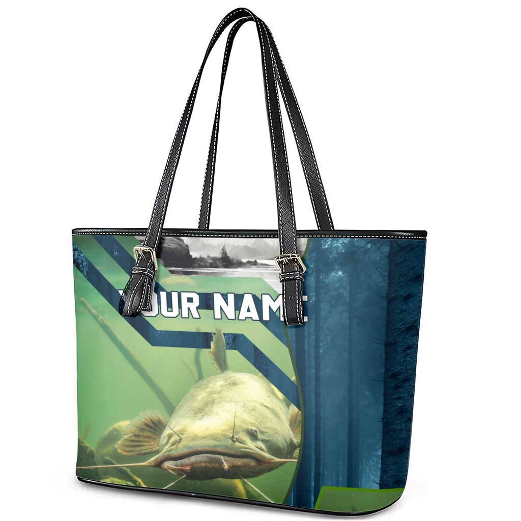 Catfish and Underwater Scene Design Leather Tote Bag with Forest Background and Fishing Theme Elements - Wonder Print Shop