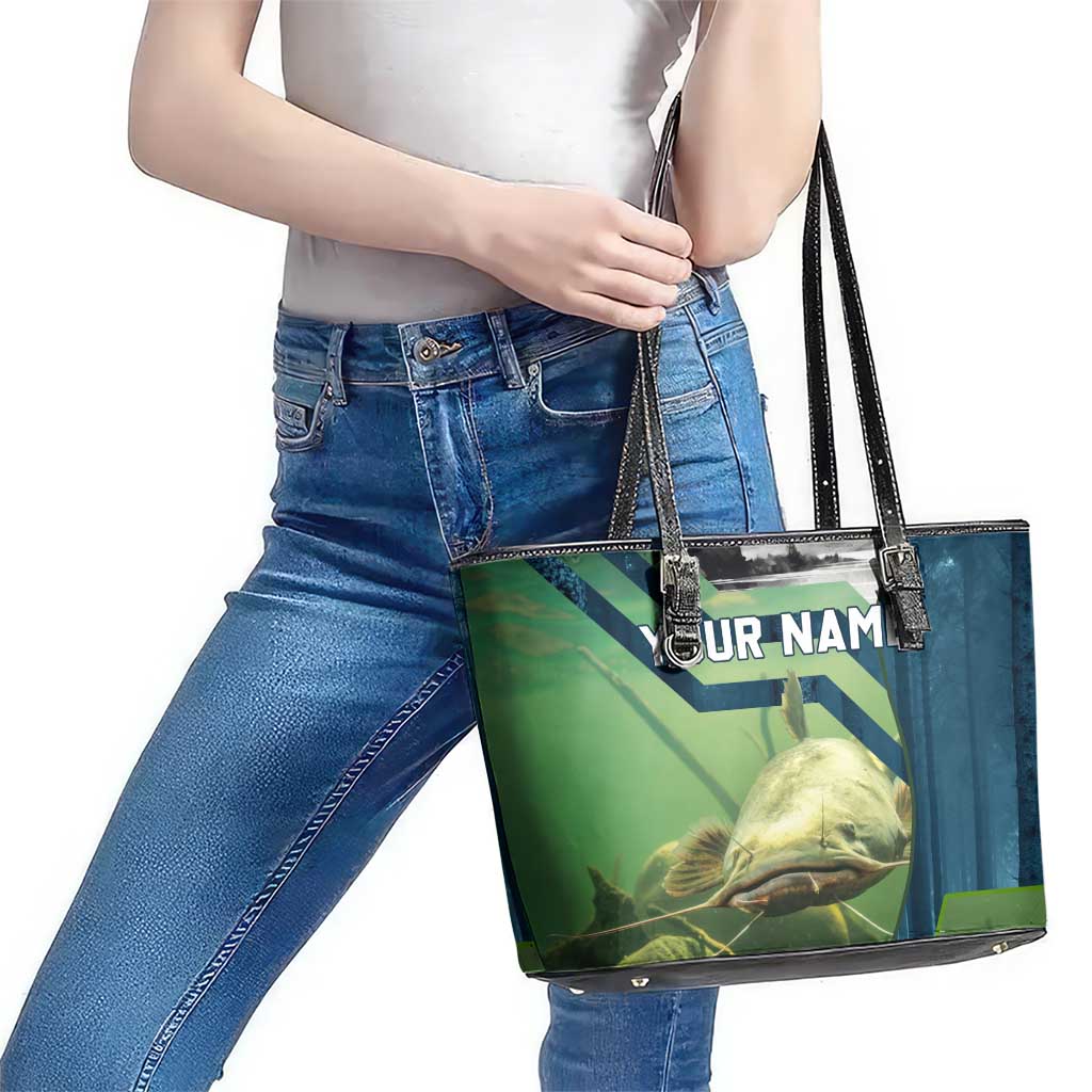 Catfish and Underwater Scene Design Leather Tote Bag with Forest Background and Fishing Theme Elements - Wonder Print Shop