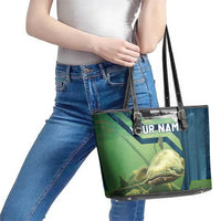 Catfish and Underwater Scene Design Leather Tote Bag with Forest Background and Fishing Theme Elements - Wonder Print Shop