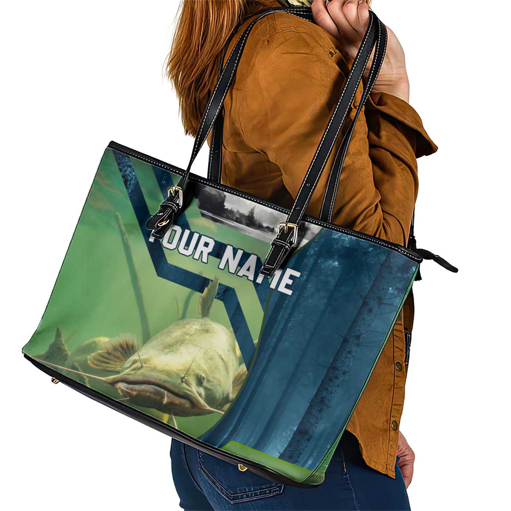 Catfish and Underwater Scene Design Leather Tote Bag with Forest Background and Fishing Theme Elements - Wonder Print Shop