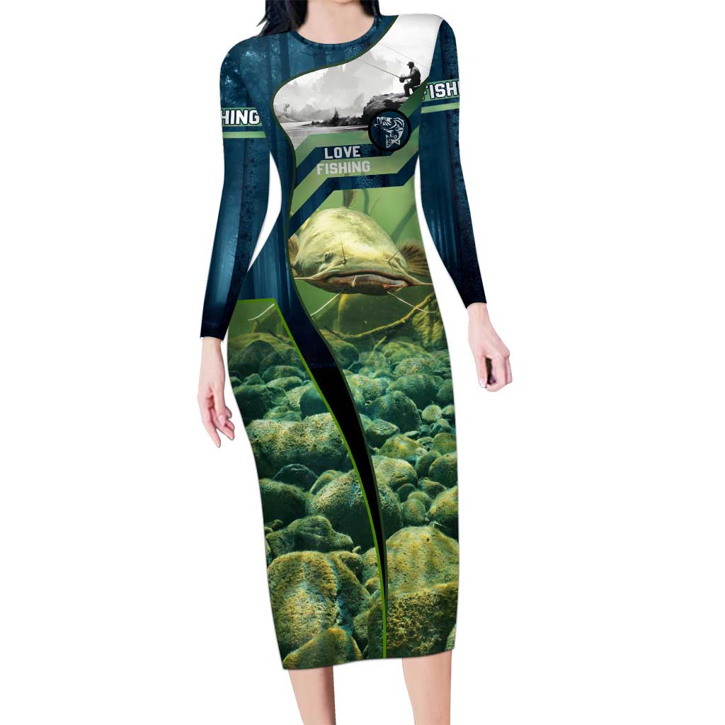 Catfish and Underwater Scene Design Long Sleeve Bodycon Dress with Forest Background and Fishing Theme Elements - Wonder Print Shop