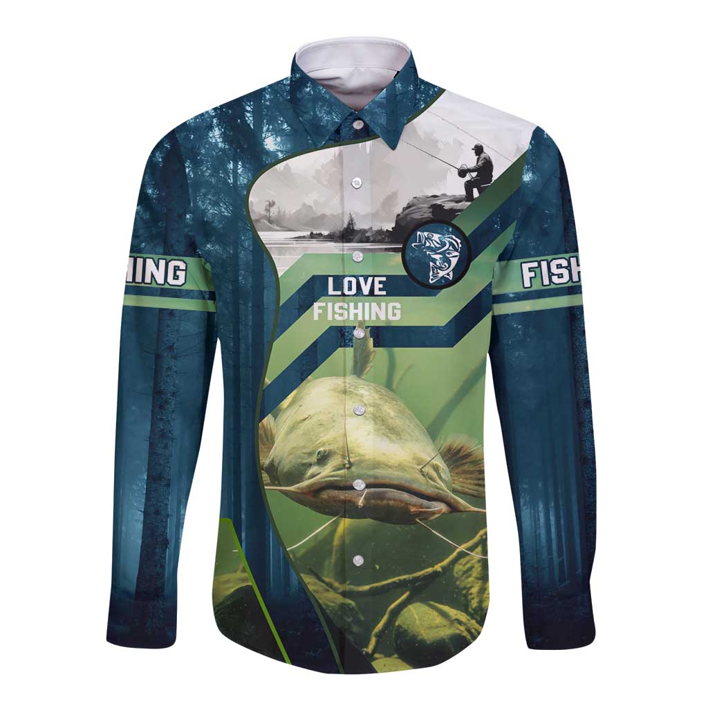 Catfish and Underwater Scene Design Long Sleeve Button Shirt with Forest Background and Fishing Theme Elements - Wonder Print Shop