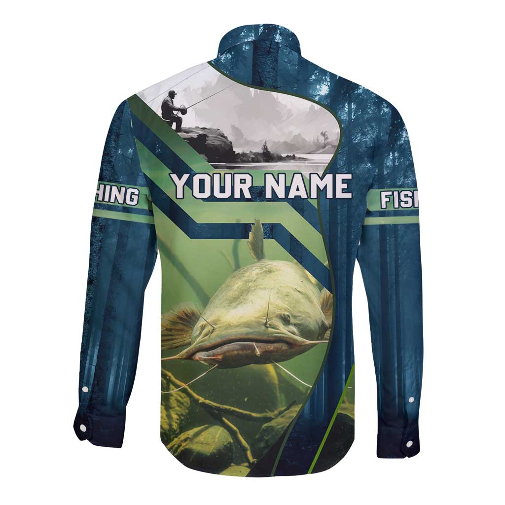 Catfish and Underwater Scene Design Long Sleeve Button Shirt with Forest Background and Fishing Theme Elements - Wonder Print Shop