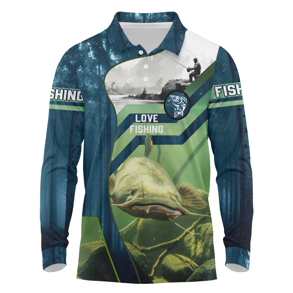 Catfish and Underwater Scene Design Long Sleeve Polo Shirt with Forest Background and Fishing Theme Elements - Wonder Print Shop