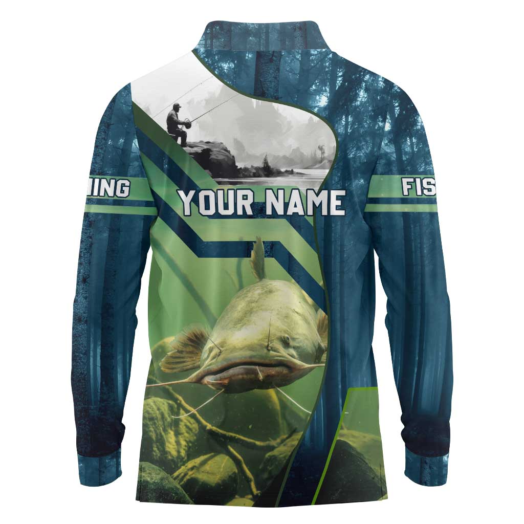 Catfish and Underwater Scene Design Long Sleeve Polo Shirt with Forest Background and Fishing Theme Elements - Wonder Print Shop