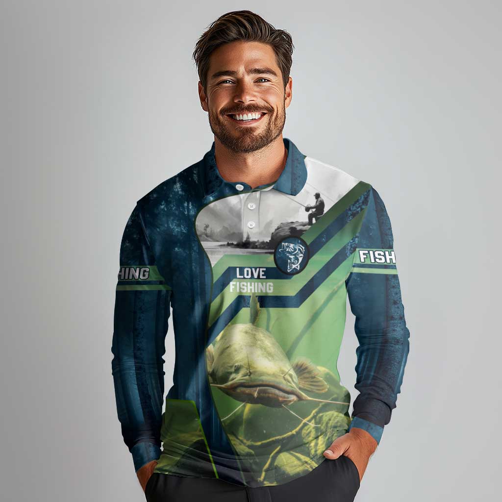 Catfish and Underwater Scene Design Long Sleeve Polo Shirt with Forest Background and Fishing Theme Elements - Wonder Print Shop