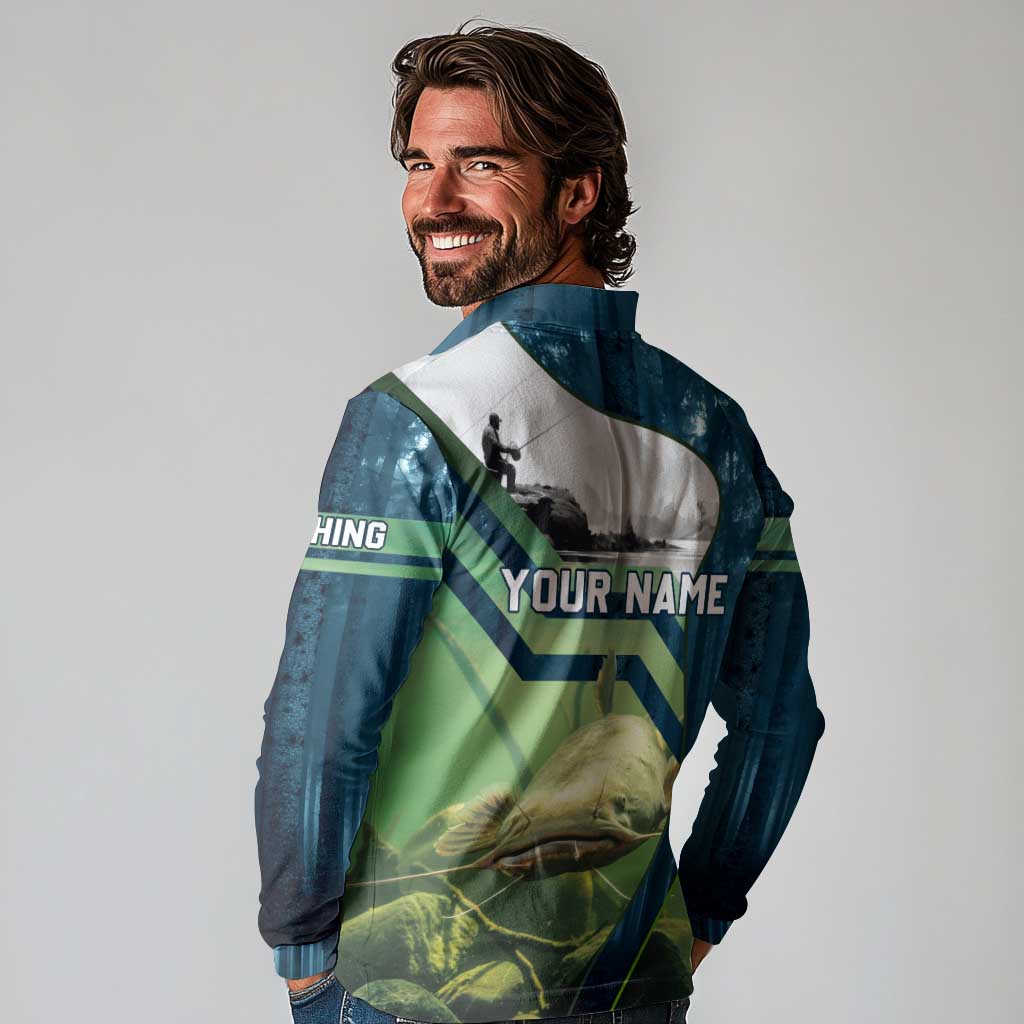 Catfish and Underwater Scene Design Long Sleeve Polo Shirt with Forest Background and Fishing Theme Elements - Wonder Print Shop