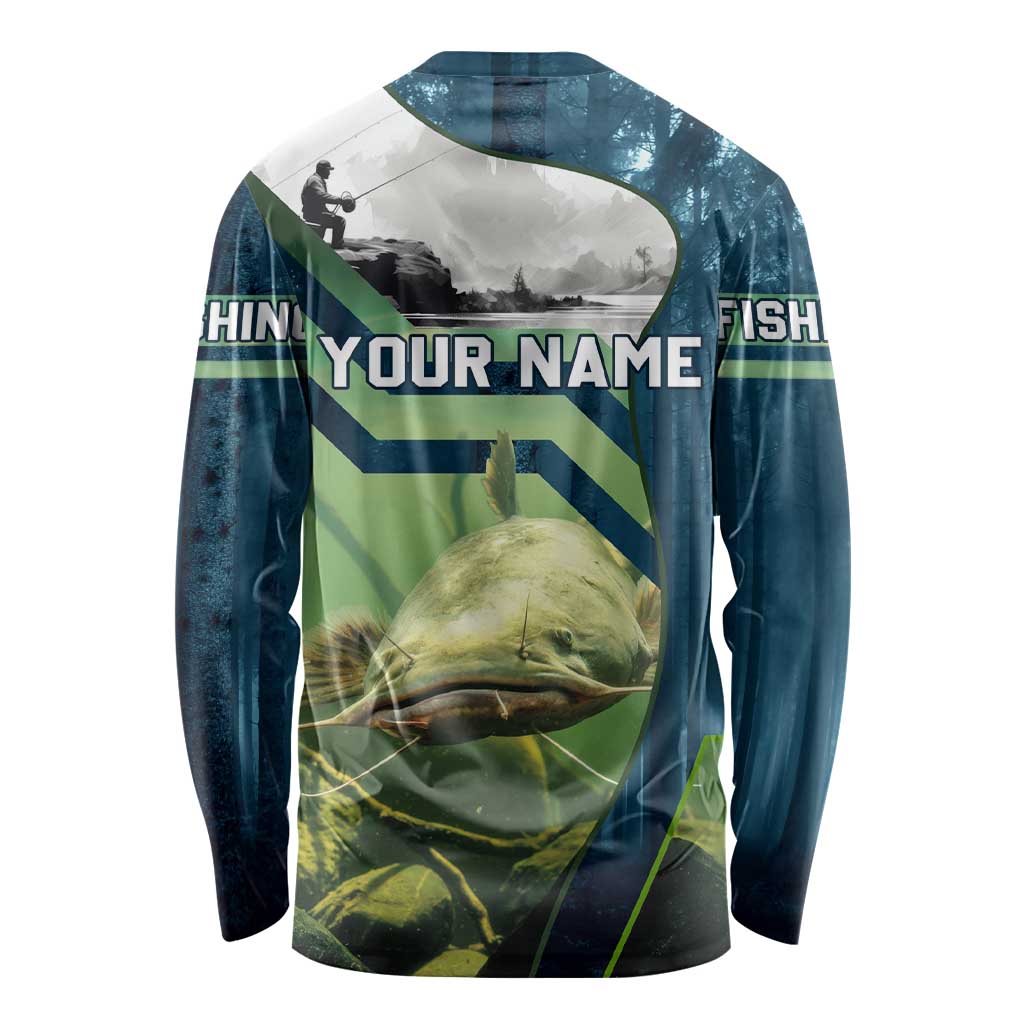 Catfish and Underwater Scene Design Long Sleeve Shirt with Forest Background and Fishing Theme Elements - Wonder Print Shop