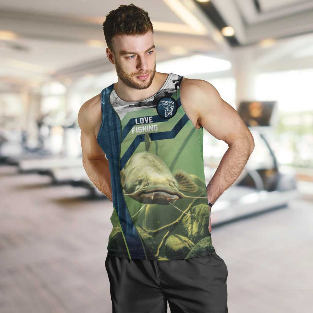 Catfish and Underwater Scene Design Men Tank Top with Forest Background and Fishing Theme Elements - Wonder Print Shop