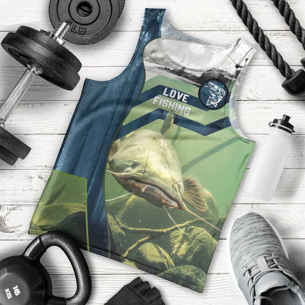 Catfish and Underwater Scene Design Men Tank Top with Forest Background and Fishing Theme Elements - Wonder Print Shop