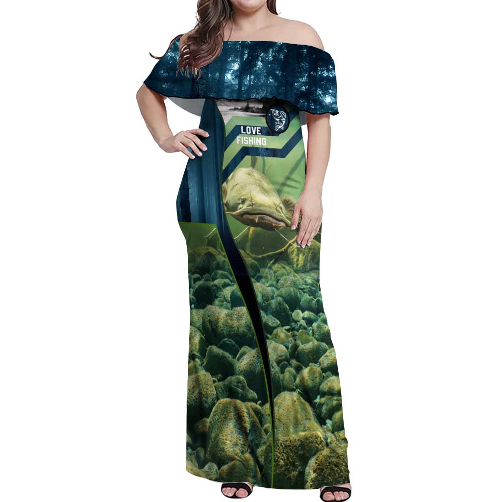 Catfish and Underwater Scene Design Off Shoulder Maxi Dress with Forest Background and Fishing Theme Elements - Wonder Print Shop