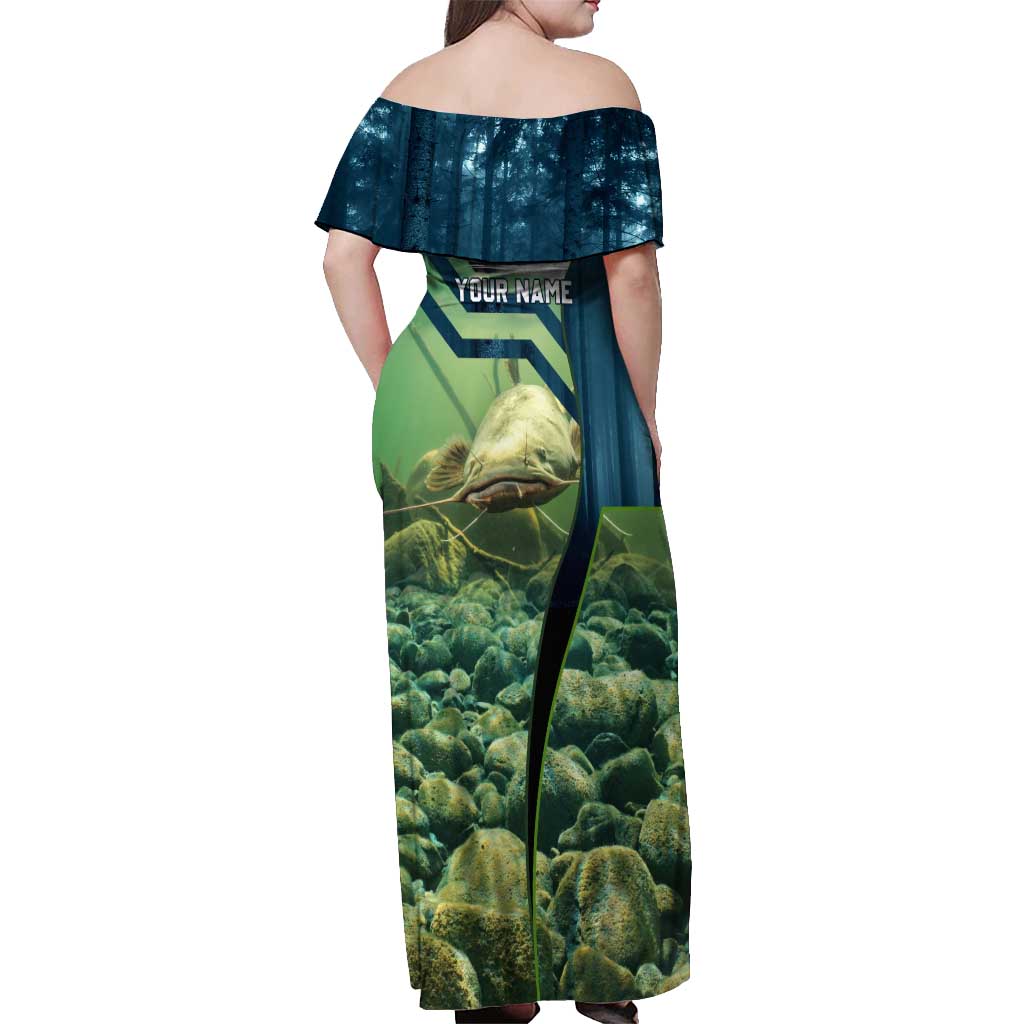 Catfish and Underwater Scene Design Off Shoulder Maxi Dress with Forest Background and Fishing Theme Elements - Wonder Print Shop
