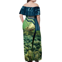 Catfish and Underwater Scene Design Off Shoulder Maxi Dress with Forest Background and Fishing Theme Elements - Wonder Print Shop