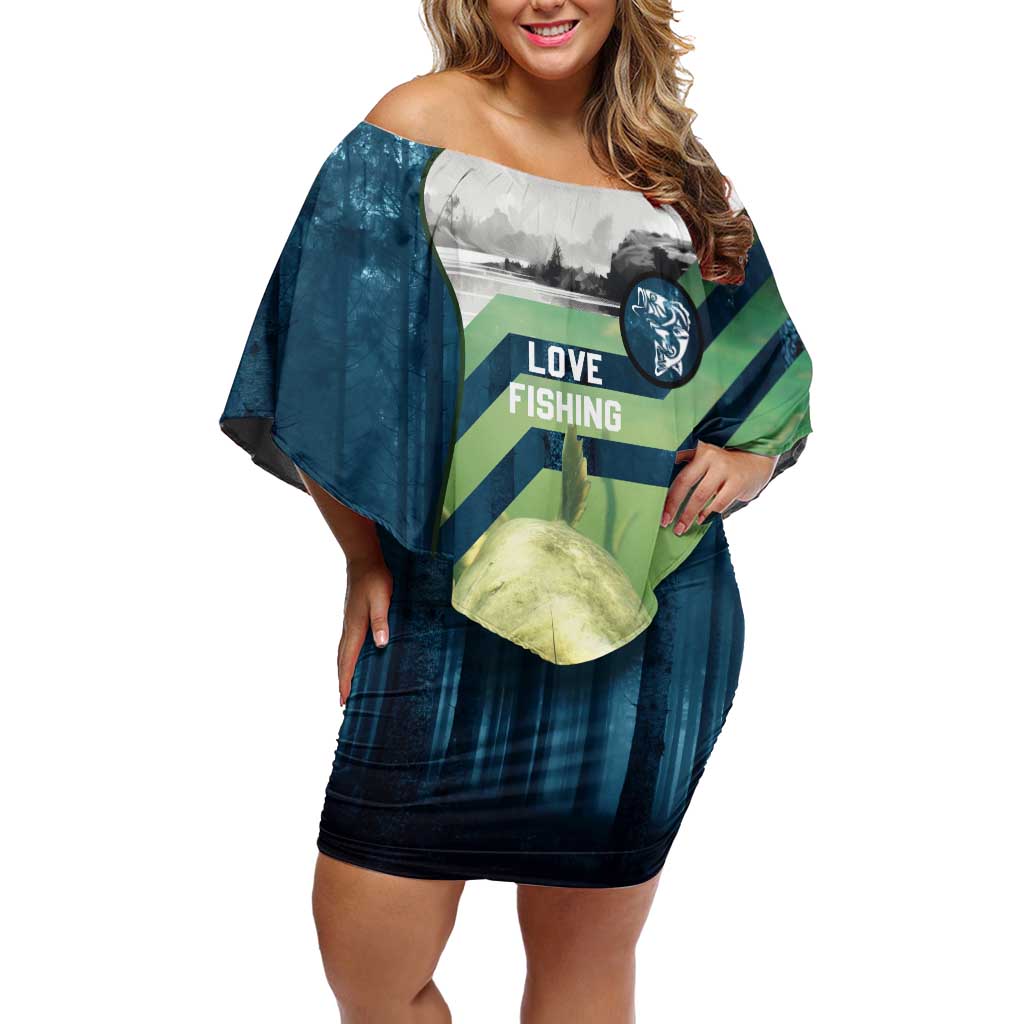 Catfish and Underwater Scene Design Off Shoulder Short Dress with Forest Background and Fishing Theme Elements - Wonder Print Shop