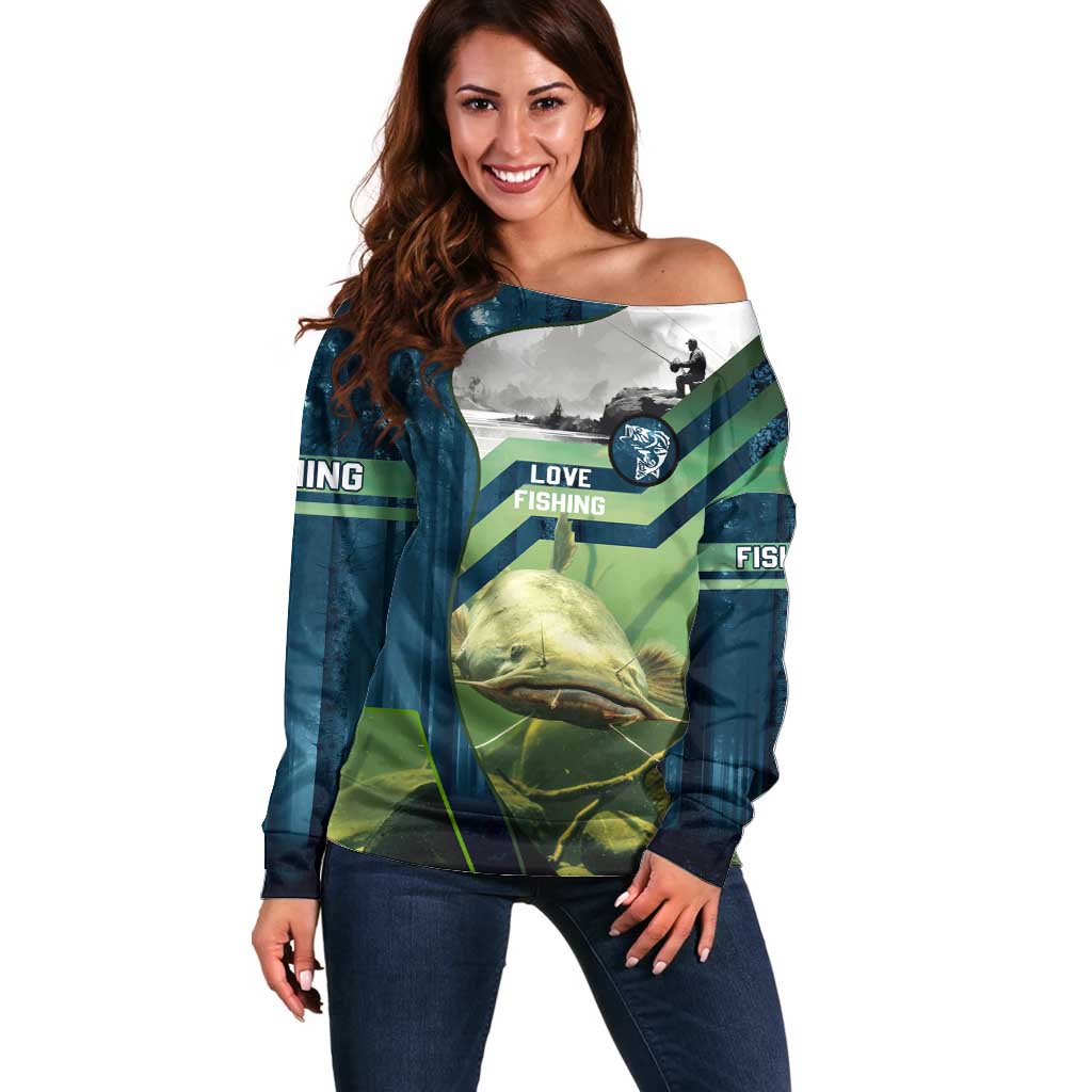 Catfish and Underwater Scene Design Off Shoulder Sweater with Forest Background and Fishing Theme Elements - Wonder Print Shop