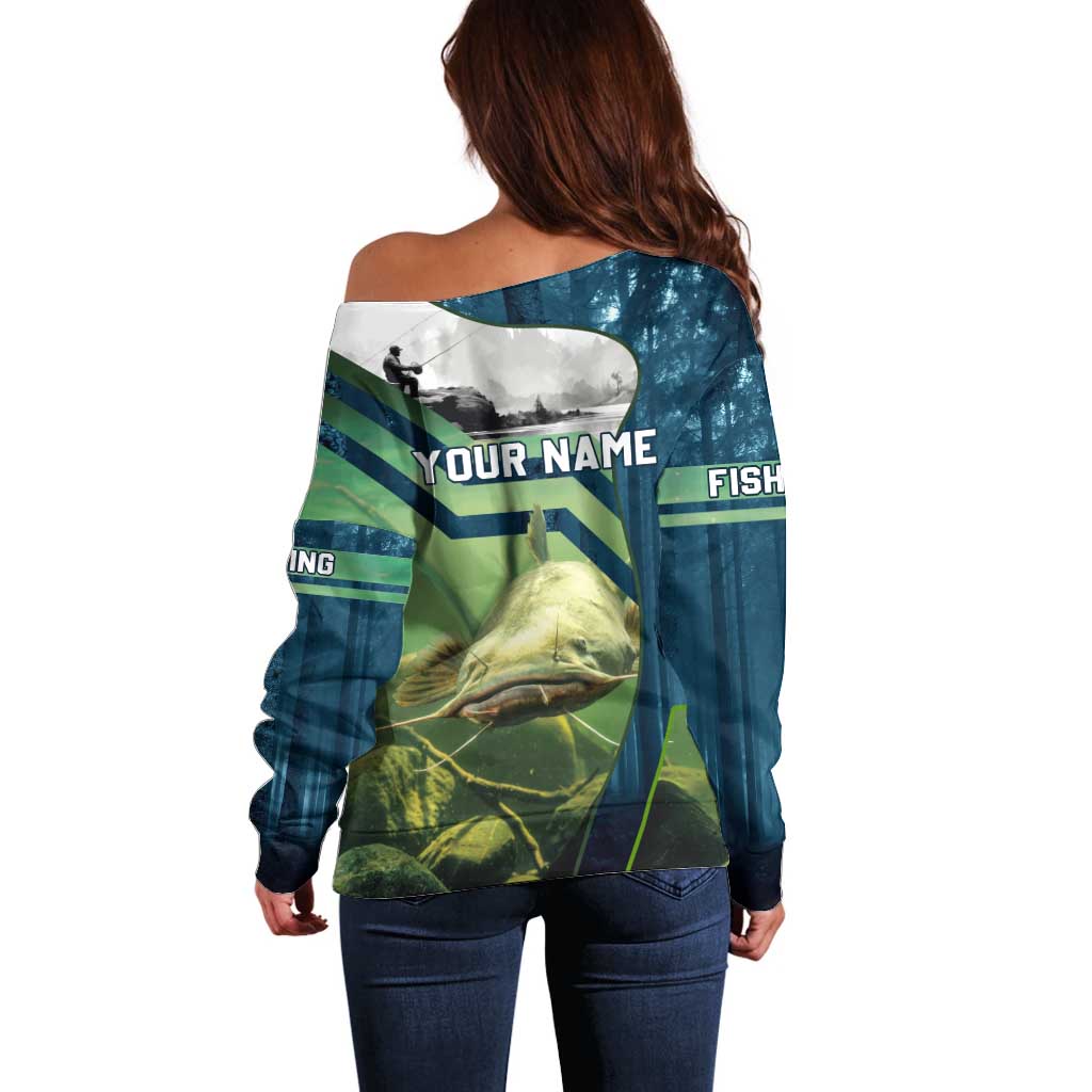 Catfish and Underwater Scene Design Off Shoulder Sweater with Forest Background and Fishing Theme Elements - Wonder Print Shop