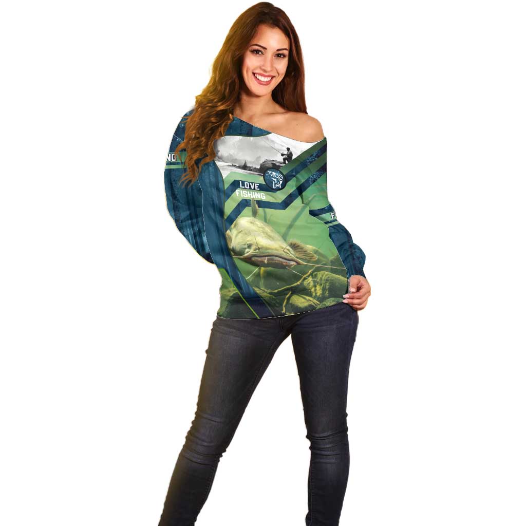 Catfish and Underwater Scene Design Off Shoulder Sweater with Forest Background and Fishing Theme Elements - Wonder Print Shop
