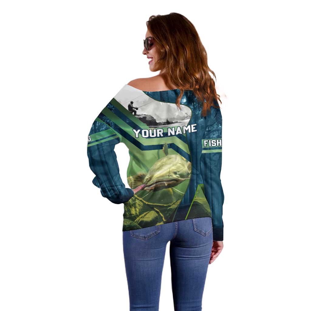 Catfish and Underwater Scene Design Off Shoulder Sweater with Forest Background and Fishing Theme Elements - Wonder Print Shop