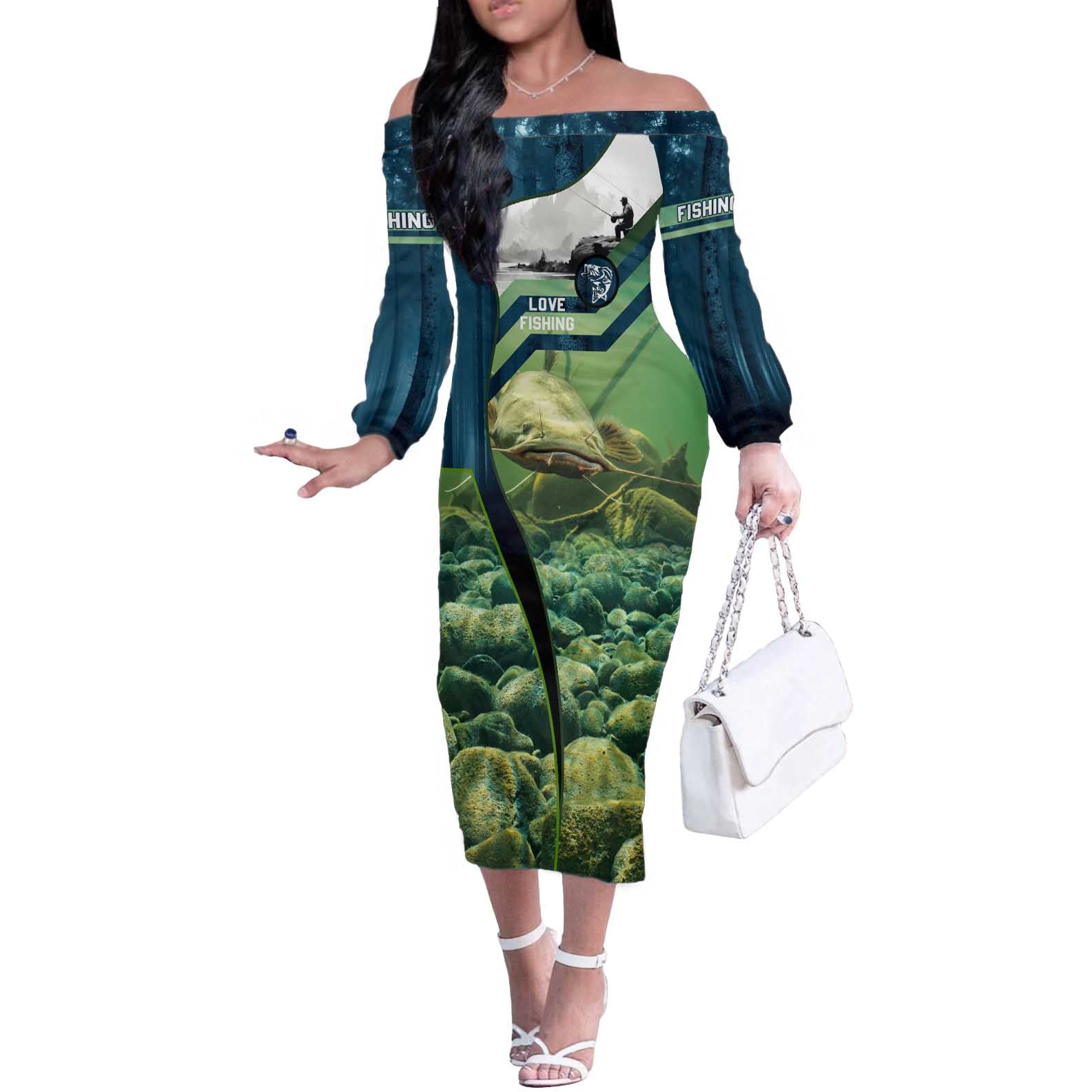 Catfish and Underwater Scene Design Off The Shoulder Long Sleeve Dress with Forest Background and Fishing Theme Elements - Wonder Print Shop