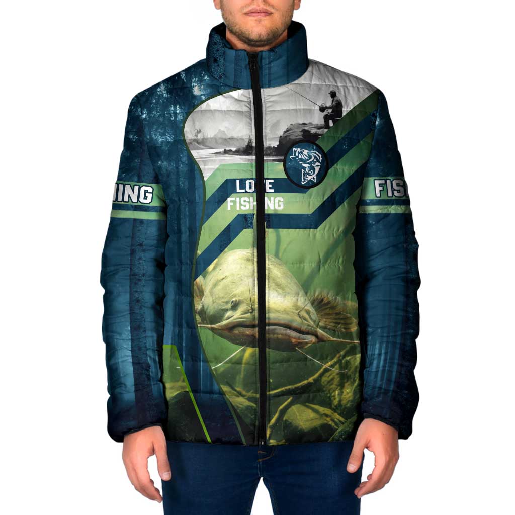 Catfish and Underwater Scene Design Padded Jacket with Forest Background and Fishing Theme Elements - Wonder Print Shop