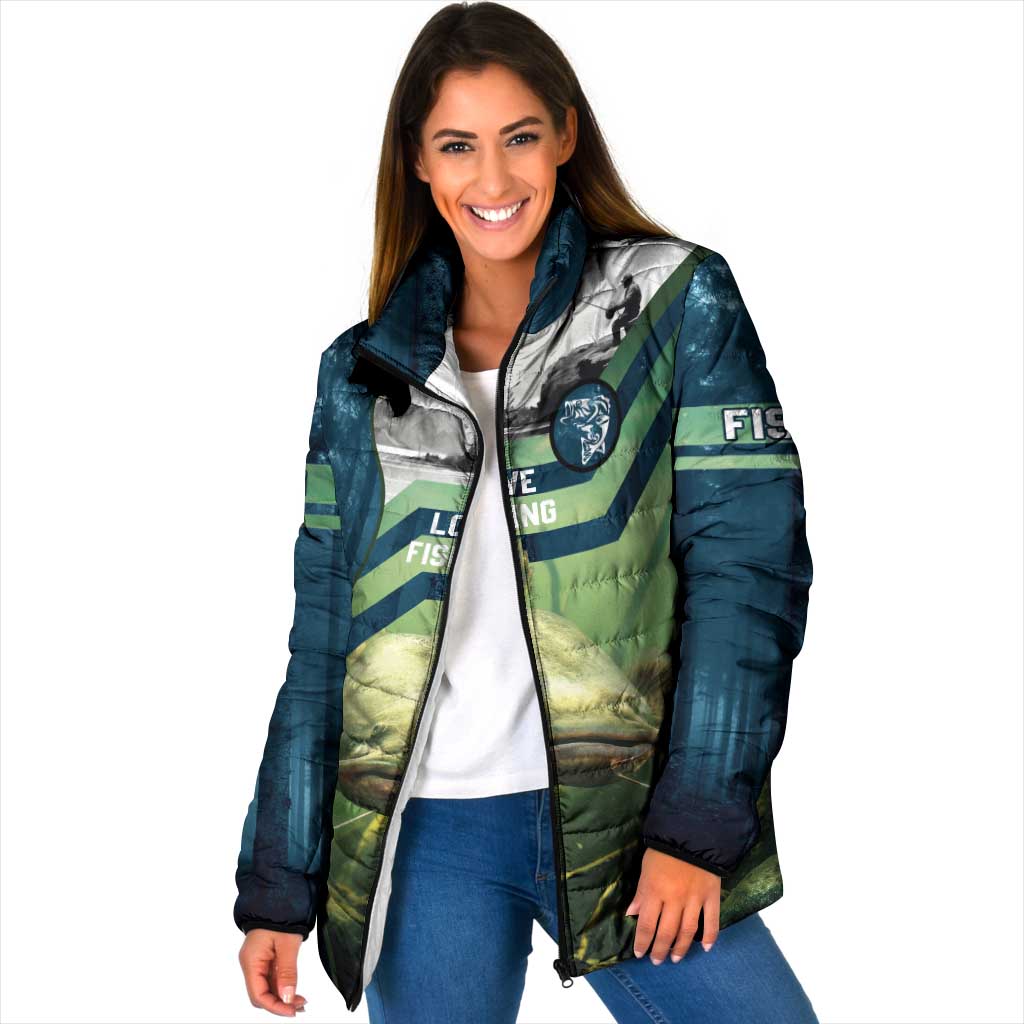 Catfish and Underwater Scene Design Padded Jacket with Forest Background and Fishing Theme Elements - Wonder Print Shop