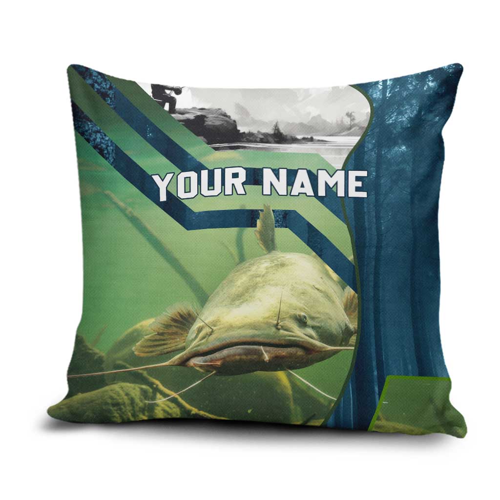 Catfish and Underwater Scene Design Pillow Cover with Forest Background and Fishing Theme Elements - Wonder Print Shop
