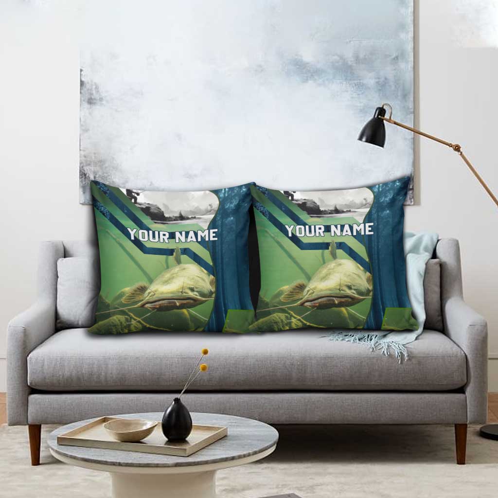 Catfish and Underwater Scene Design Pillow Cover with Forest Background and Fishing Theme Elements - Wonder Print Shop