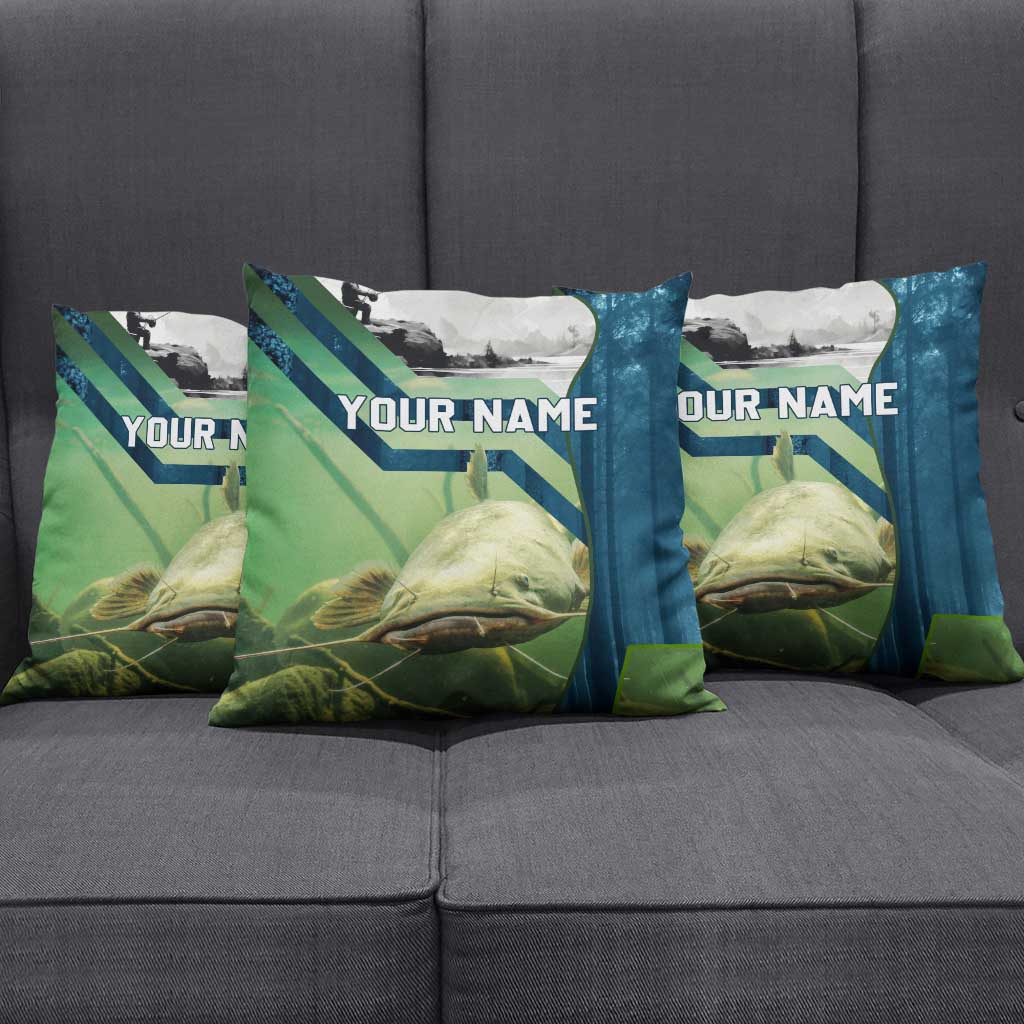 Catfish and Underwater Scene Design Pillow Cover with Forest Background and Fishing Theme Elements - Wonder Print Shop