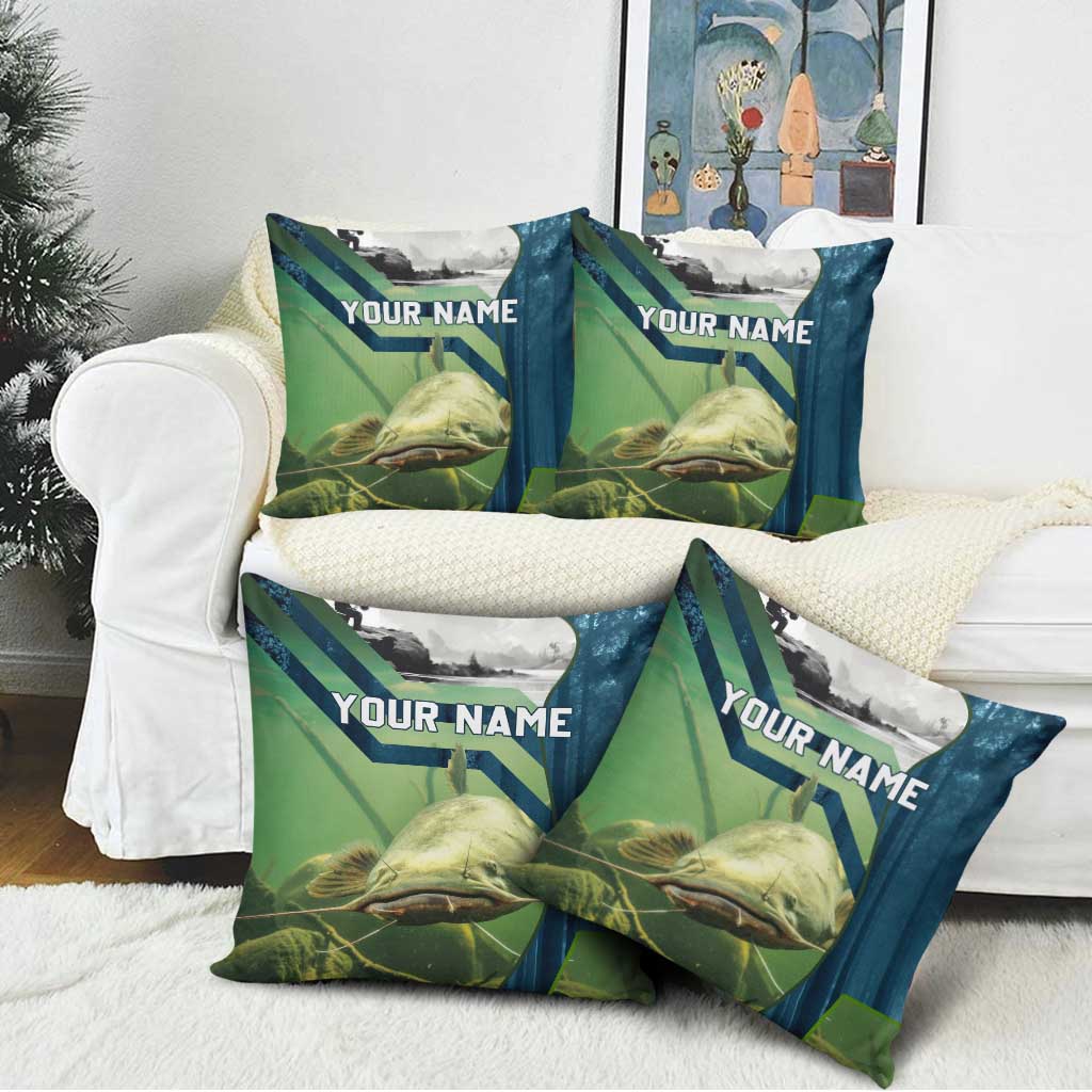 Catfish and Underwater Scene Design Pillow Cover with Forest Background and Fishing Theme Elements - Wonder Print Shop