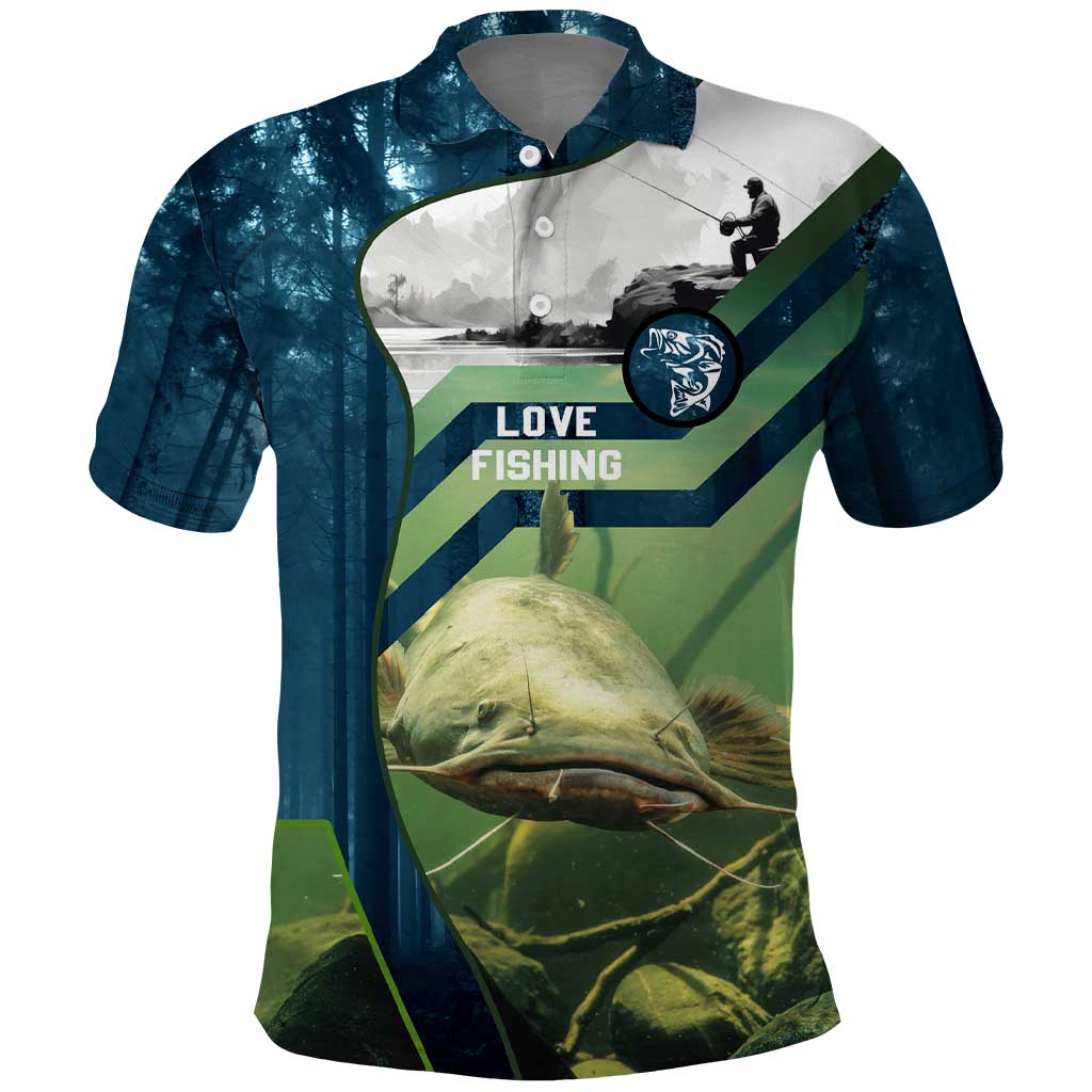 Catfish and Underwater Scene Design Polo Shirt with Forest Background and Fishing Theme Elements - Wonder Print Shop
