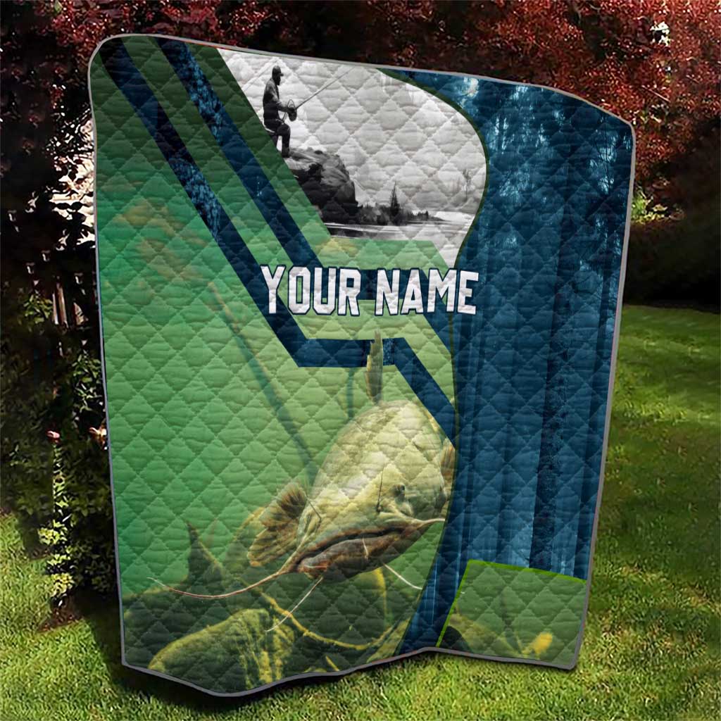 Catfish and Underwater Scene Design Quilt with Forest Background and Fishing Theme Elements - Wonder Print Shop