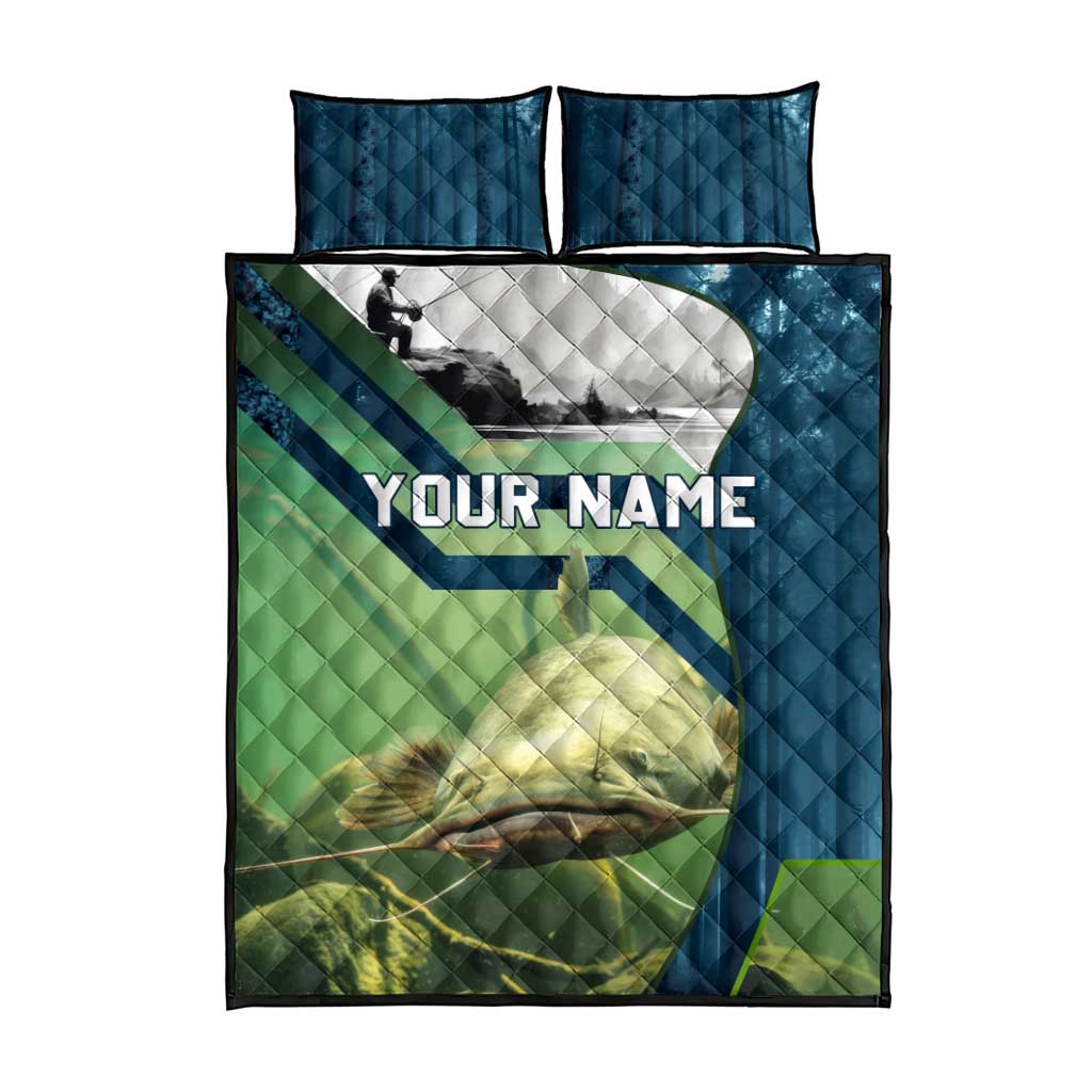 Catfish and Underwater Scene Design Quilt Bed Set with Forest Background and Fishing Theme Elements - Wonder Print Shop