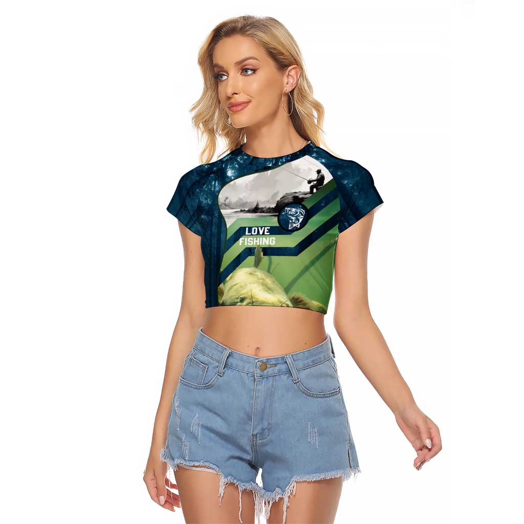 Catfish and Underwater Scene Design Raglan Cropped T Shirt with Forest Background and Fishing Theme Elements - Wonder Print Shop