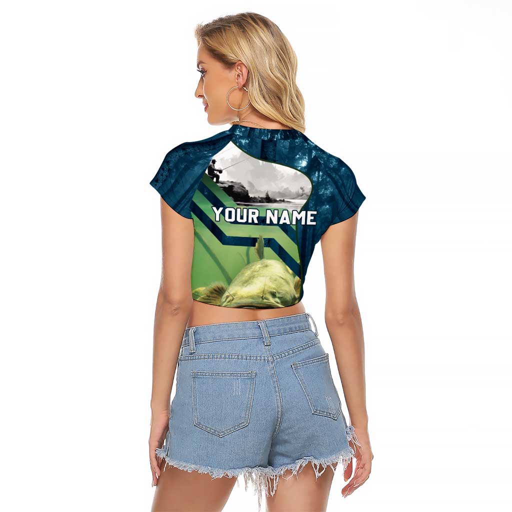 Catfish and Underwater Scene Design Raglan Cropped T Shirt with Forest Background and Fishing Theme Elements - Wonder Print Shop