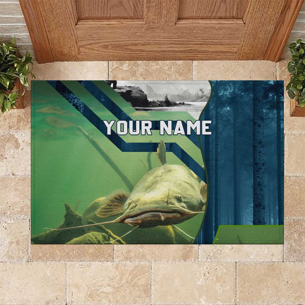 Catfish and Underwater Scene Design Rubber Doormat with Forest Background and Fishing Theme Elements - Wonder Print Shop