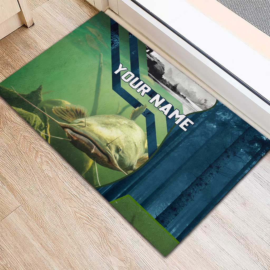 Catfish and Underwater Scene Design Rubber Doormat with Forest Background and Fishing Theme Elements - Wonder Print Shop